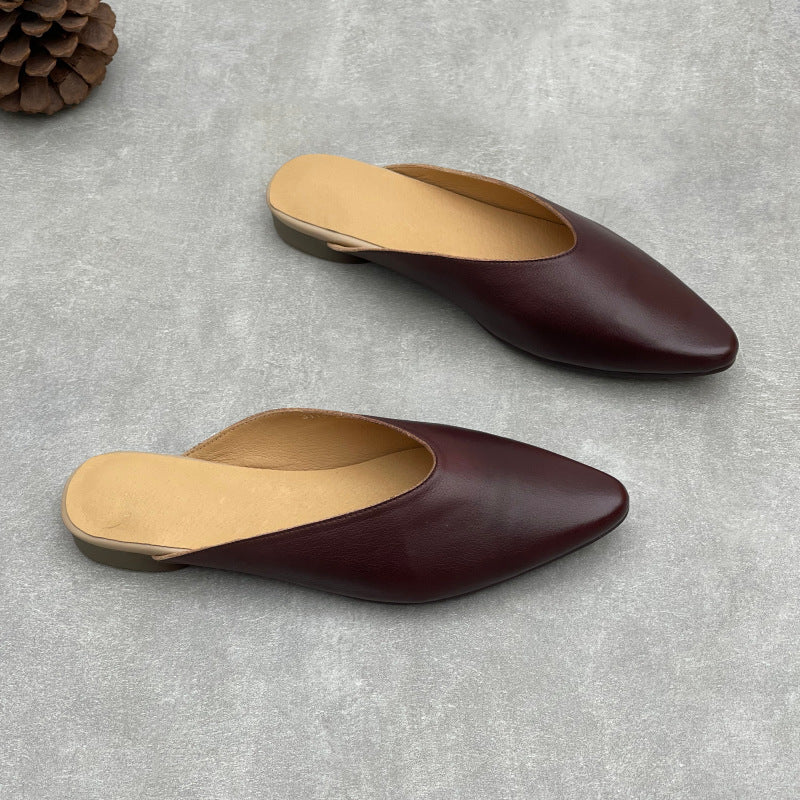 Women's Pointed Toe Leather V-Cut Mules - Unlined Minimalist Flat Slides
