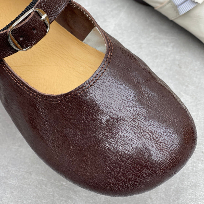 Women’s Handmade Sheepskin Mary Jane Flats – Vintage Round Toe Slip-On Shoes