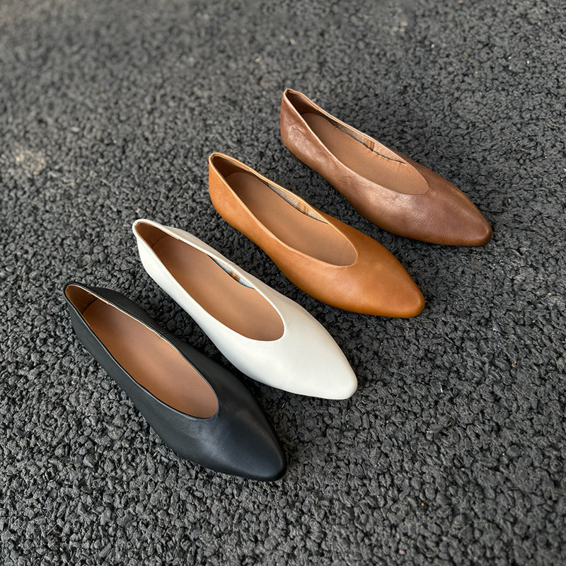 Women's Premium Leather Ballet Flats - V-Cut Pointed Toe Shoes Lightweight Spring Summer Shoes