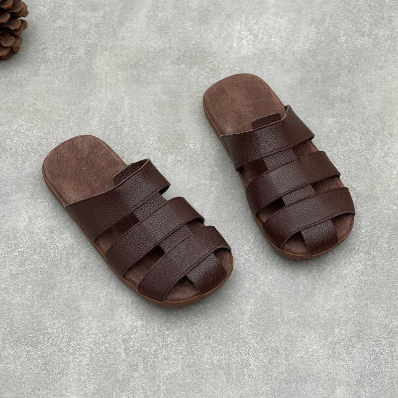 Artisanal Woven Leather Summer Slides - Minimalist Round Toe Cowhide Mules - Breathable Flat Footwear