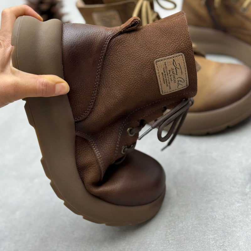 Women's Genuine Leather Vintage Casual Side Zipper Platform Ankle Boots