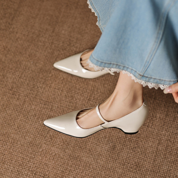 Handmade Patent Leather Mary Janes - Women's Pointed Toe Block Heel Pumps