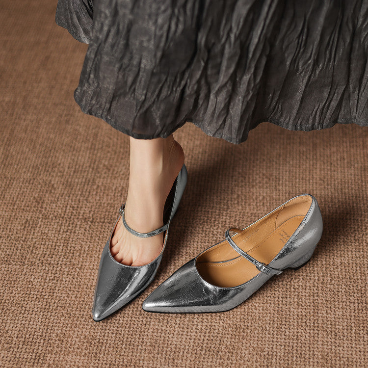 Handmade Patent Leather Mary Janes - Women's Pointed Toe Block Heel Pumps
