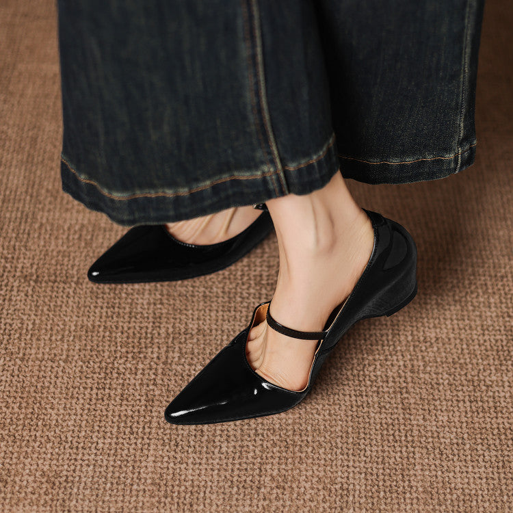 Handmade Patent Leather Mary Janes - Women's Pointed Toe Block Heel Pumps
