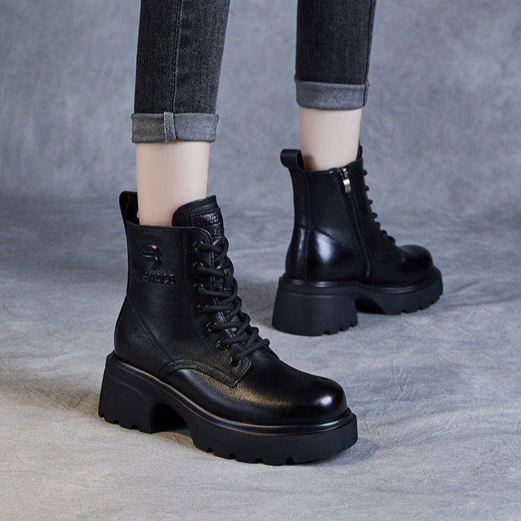 Women's Genuine Leather Lightweight Ankle Boots – Platform Chunky Heel