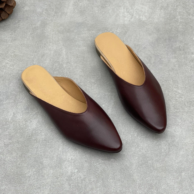 Women's Pointed Toe Leather V-Cut Mules - Unlined Minimalist Flat Slides
