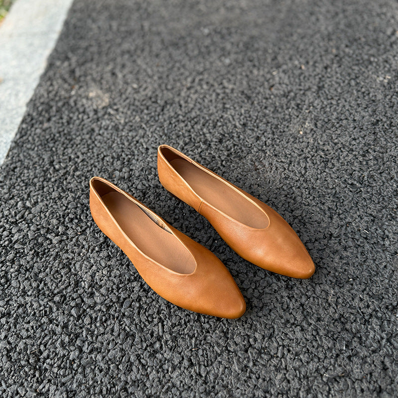 Women's Premium Leather Ballet Flats - V-Cut Pointed Toe Shoes Lightweight Spring Summer Shoes