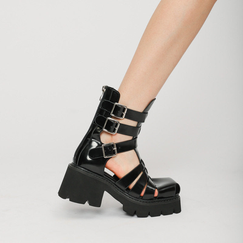 Women's Gladiator Platform Cyberpunk Patent Leather Platform Sandals - Gothic Multi-Strap High Heel Boots