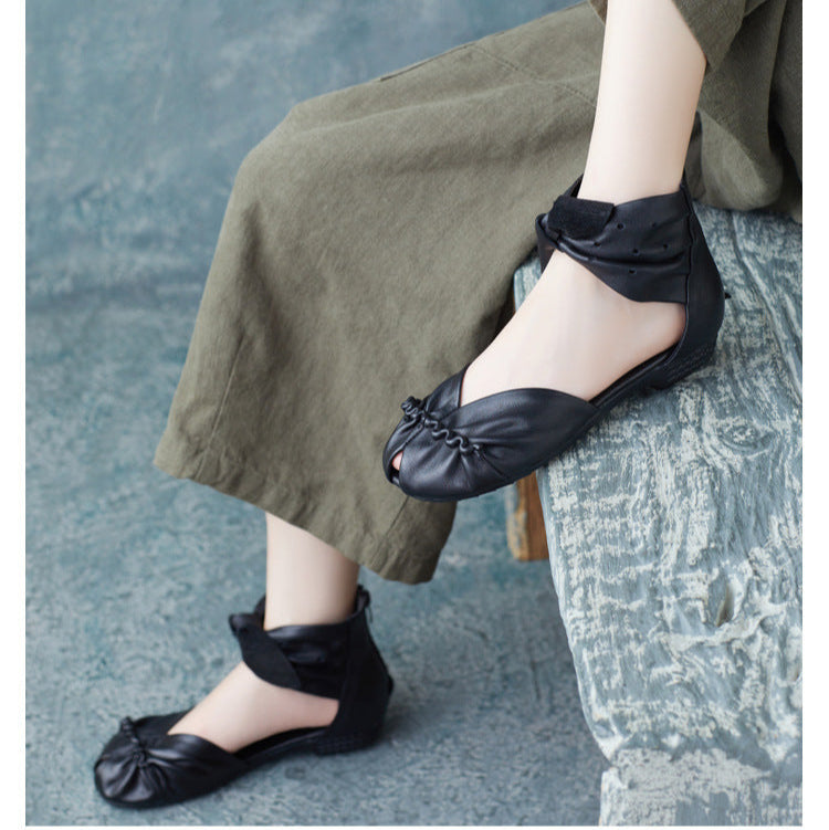 Womens Genuine Leather Handmade Summer Bow Ankle Zipper Sandals