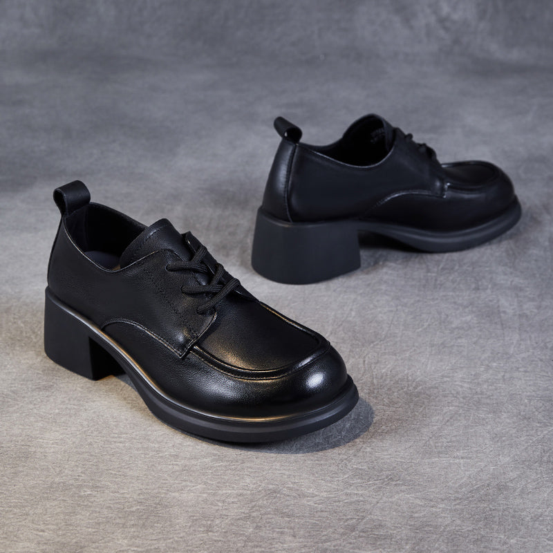 Women's Leather Comfortable Low Heel Block Oxford Shoes