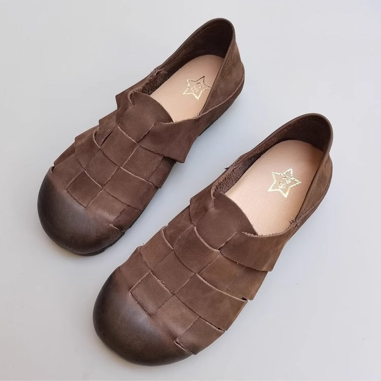 Women's Handmade Leather Round Toe Braided Breathable Flat Shoes
