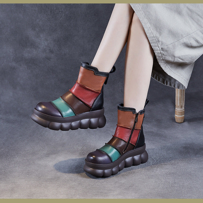 Women's Rainbow Avant-Garde Color-Block Platform Boots Leather Zipper Closure
