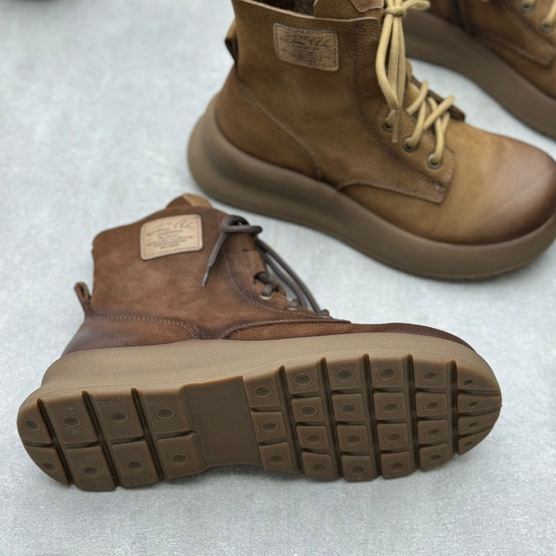 Women's Genuine Leather Vintage Casual Side Zipper Platform Ankle Boots