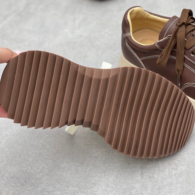 Women’s Retro Leather Chunky Dad Trainers – Round Toe Lace-Up Casual Sneakers