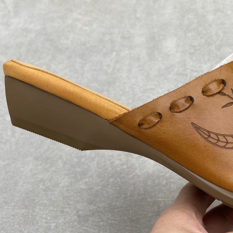 Women's Embossed Leather Mules – Vintage Bohemian Pointed-Toe Floral Slides