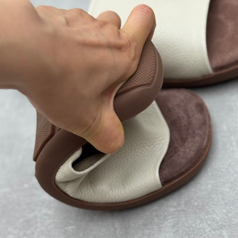 Women's Minimalist Pebbled Leather Mules - Luxury Raw-Cut Summer Slides