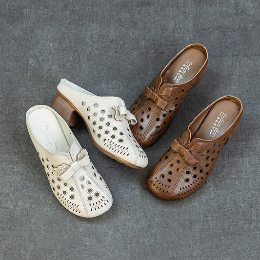 Women's Leather Bowknot Hollow Out Mid Heel Block Mule Shoes