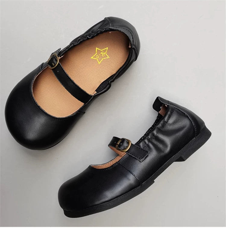 Women's Genuine Leather Wide Toe Mary Jane Shoes – Breathable Anti-Slip Flat Flats for Wide Feet & Bunions