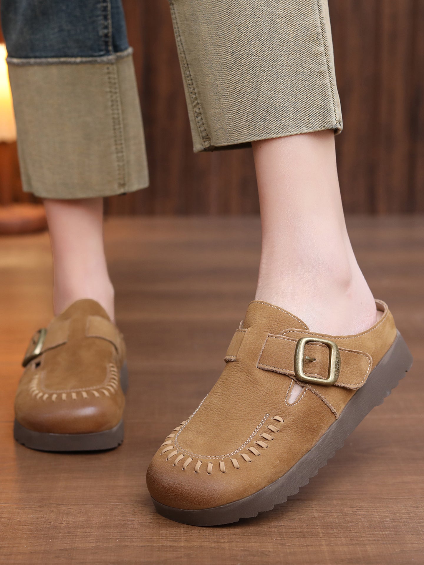 Women's Vintage Leather Mules - Hand-Stitched Artisanal Buckle Slides