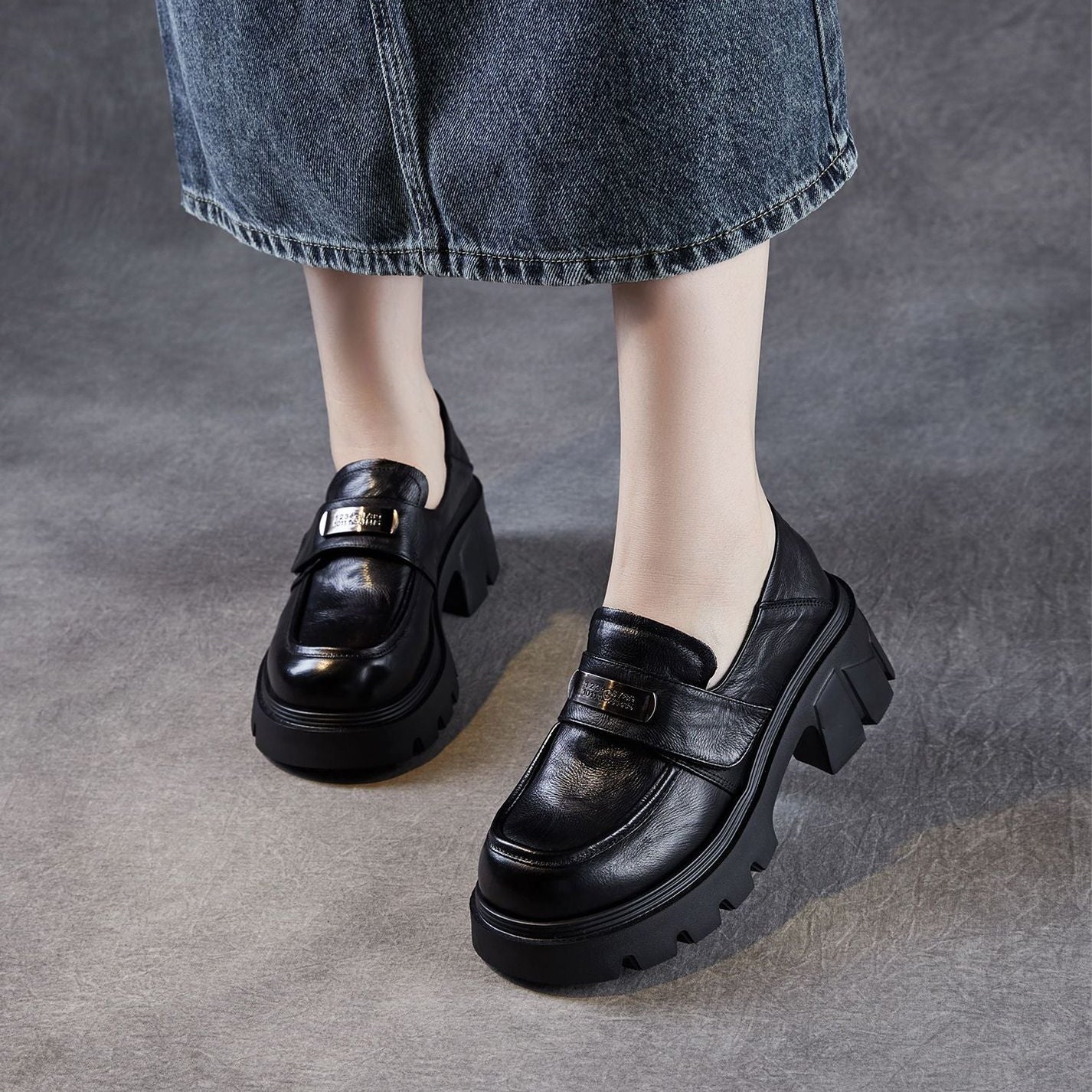 Women’s Leather Platform Block Heel Loafers – Vintage Metal Detail