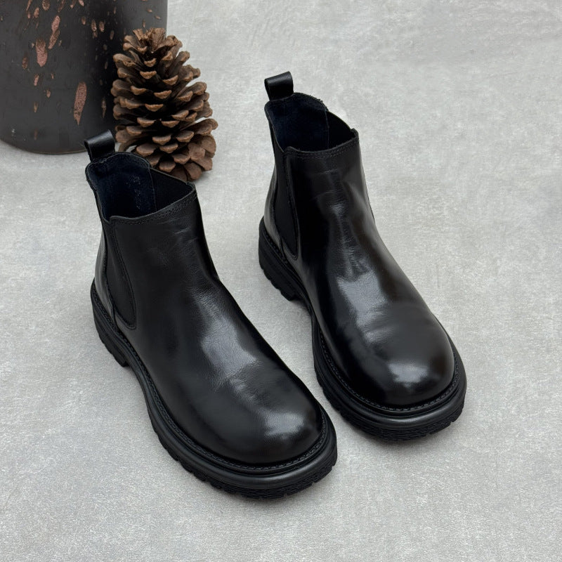 Women's Top-Grain Leather Chelsea Ankle Boots Slip On Low Platform Heel Booties