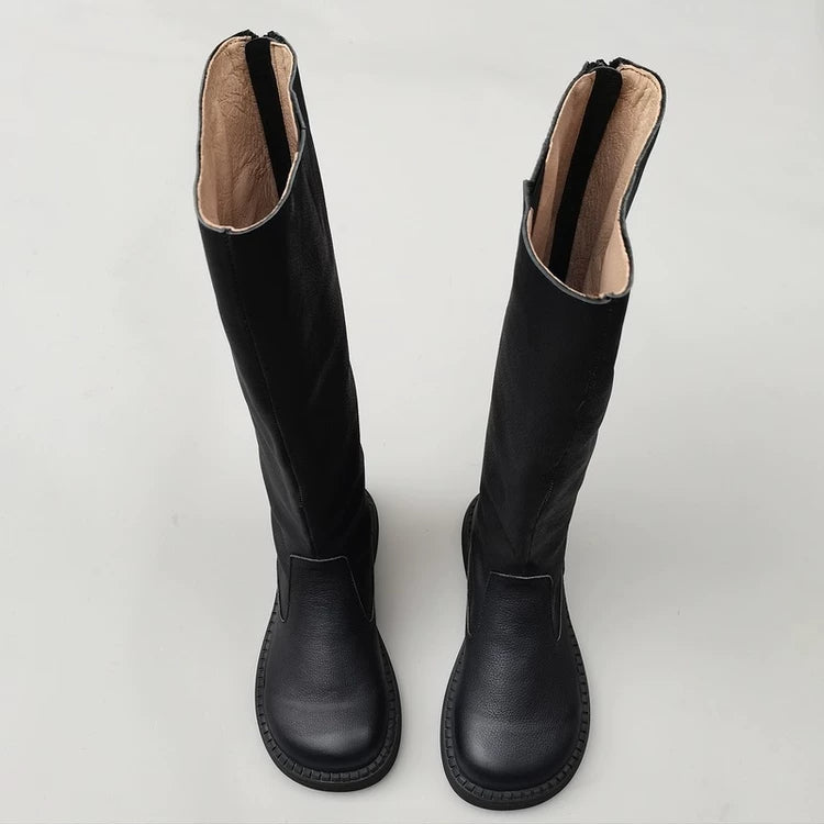Women's Wide Toe Box Genuine Leather Knee High Boots British Style Riding Boots