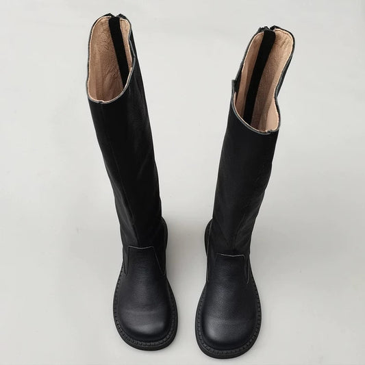 Women's Wide Toe Box Genuine Leather Knee High Boots British Style Riding Boots
