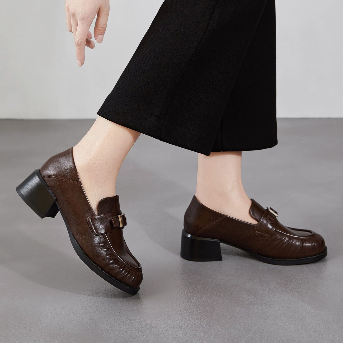 Women's Sheepskin Loafers - Ruched Leather Buckle Block Heel