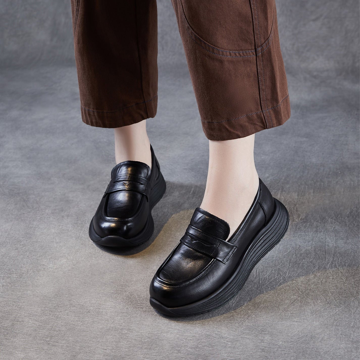 Women’s Leather Slip-On Loafers – Vintage Low Wedge Comfort Shoes