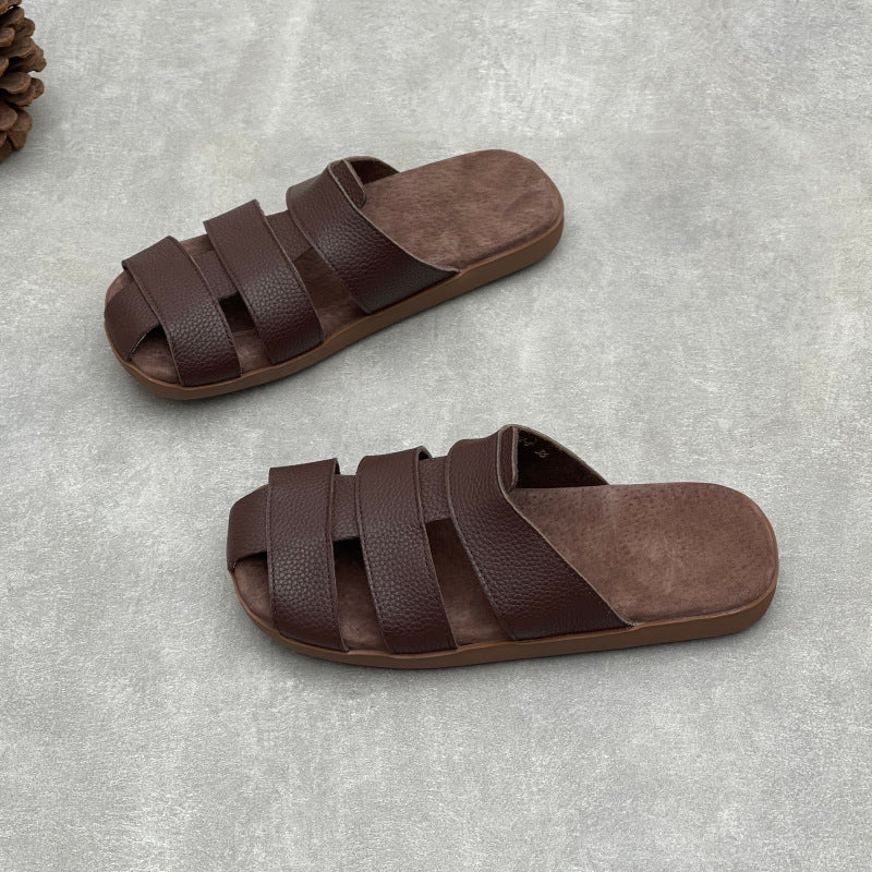 Artisanal Woven Leather Summer Slides - Minimalist Round Toe Cowhide Mules - Breathable Flat Footwear