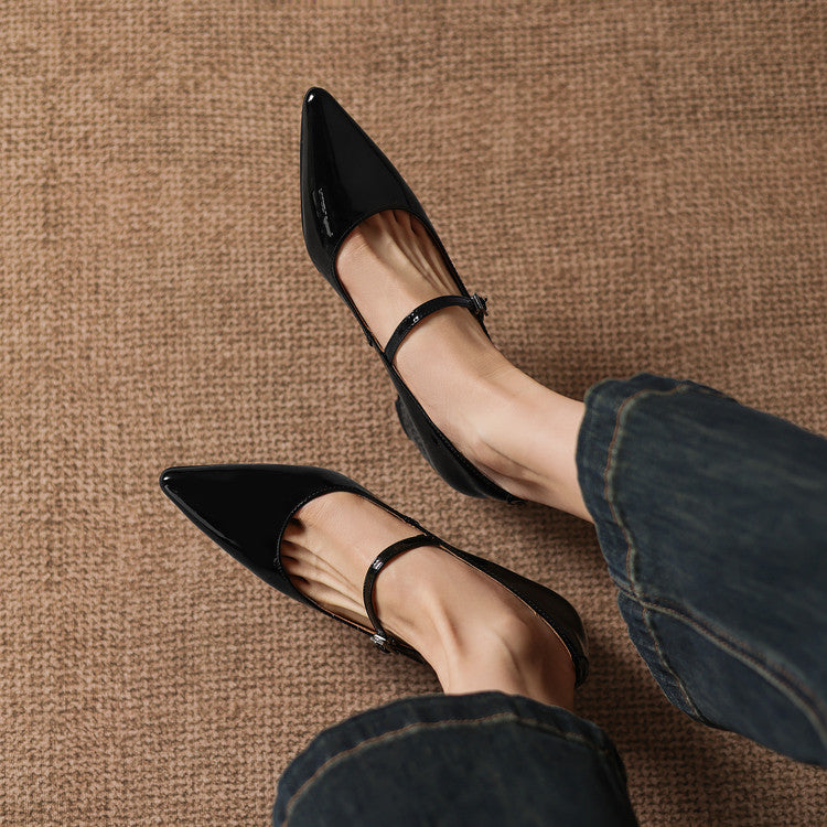 Handmade Patent Leather Mary Janes - Women's Pointed Toe Block Heel Pumps