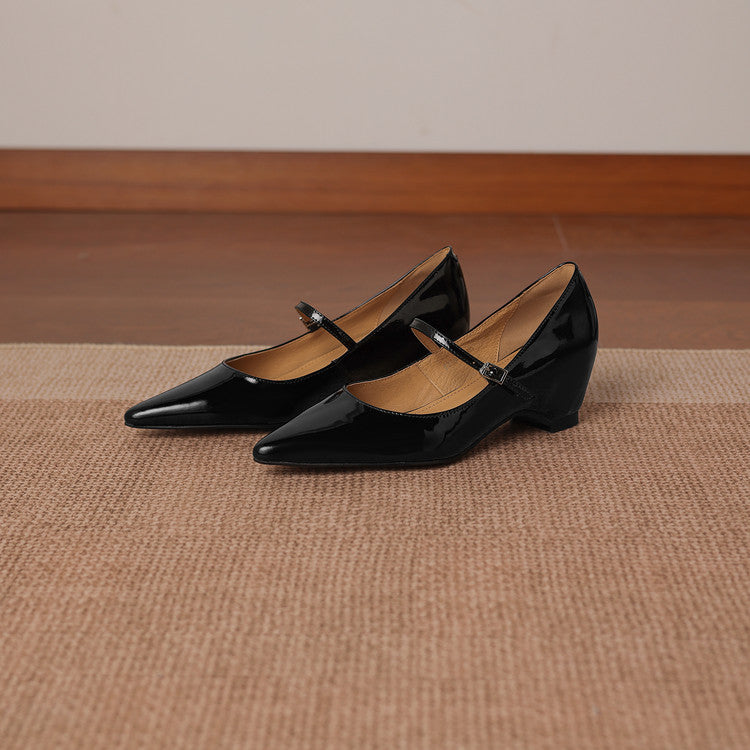 Handmade Patent Leather Mary Janes - Women's Pointed Toe Block Heel Pumps