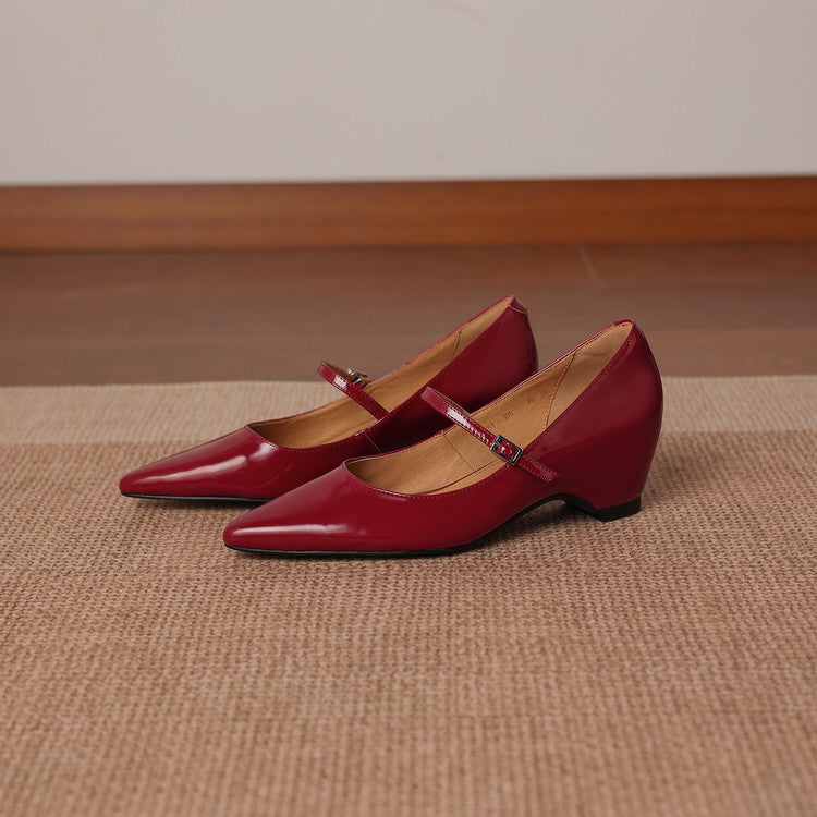 Handmade Patent Leather Mary Janes - Women's Pointed Toe Block Heel Pumps