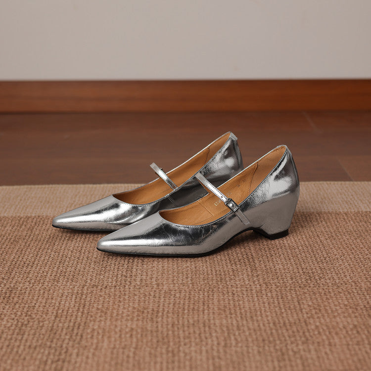 Handmade Patent Leather Mary Janes - Women's Pointed Toe Block Heel Pumps