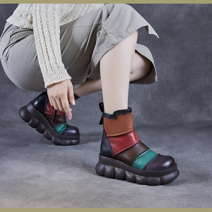 Women's Rainbow Avant-Garde Color-Block Platform Boots Leather Zipper Closure
