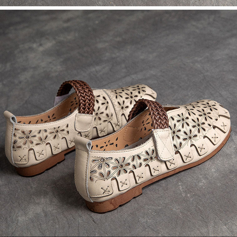 Floral Cut-out Leather Sandals - Women's Retro Round Toe Summer Walking Flats