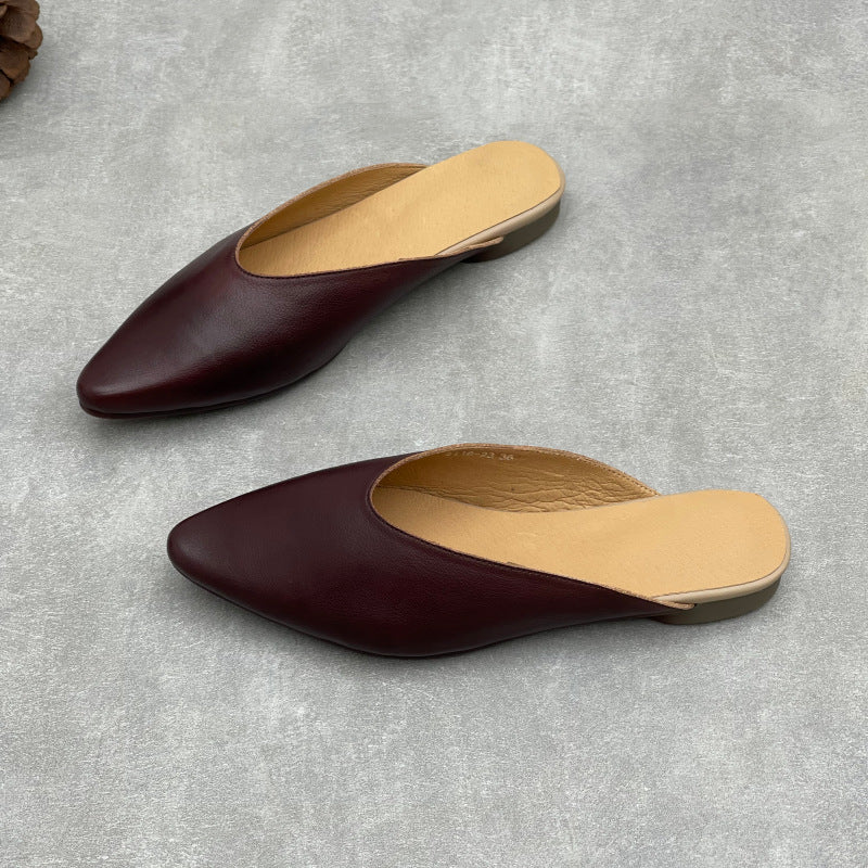 Women's Pointed Toe Leather V-Cut Mules - Unlined Minimalist Flat Slides