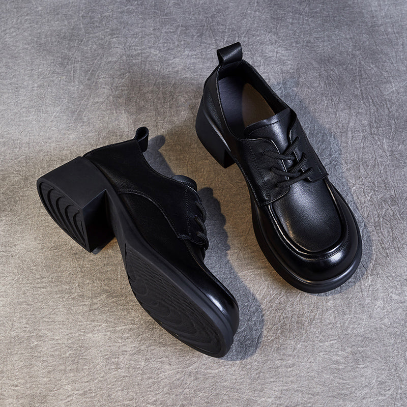 Women's Leather Comfortable Low Heel Block Oxford Shoes