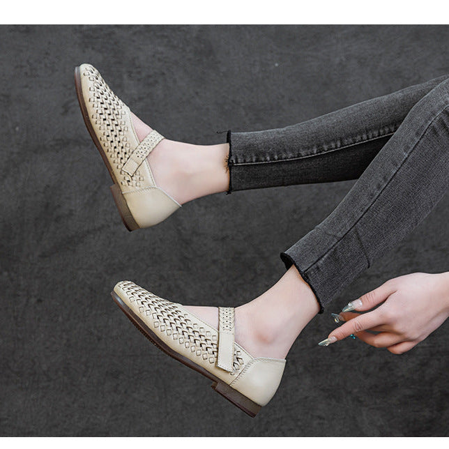 Genuine Leather Weaving Hollow Out Breathable Summer Velcro Women's Sandals