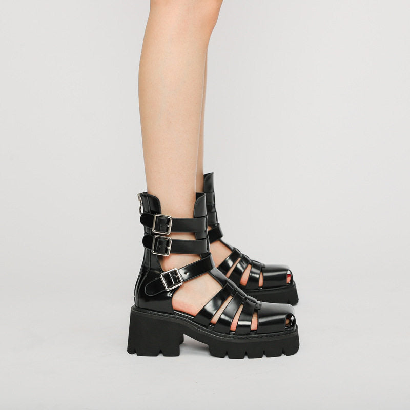 Women's Gladiator Platform Cyberpunk Patent Leather Platform Sandals - Gothic Multi-Strap High Heel Boots