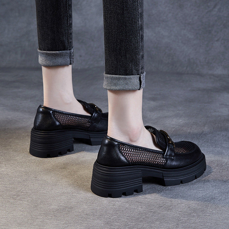 Women's Leather & Mesh Loafers Platform Lug Sole Breathable Hybrid Shoes