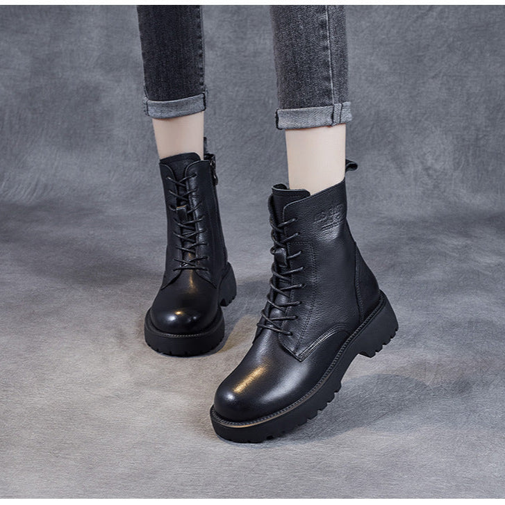 Women's Genuine Leather Casual Combat Boots with Side Zipper Closure