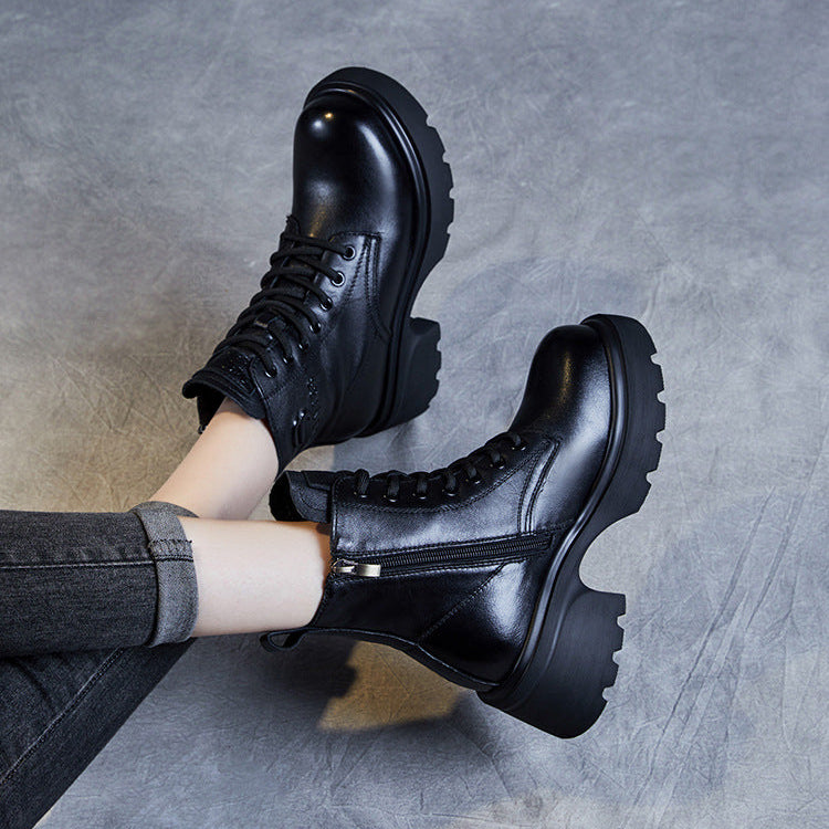 Women's Genuine Leather Lightweight Ankle Boots – Platform Chunky Heel