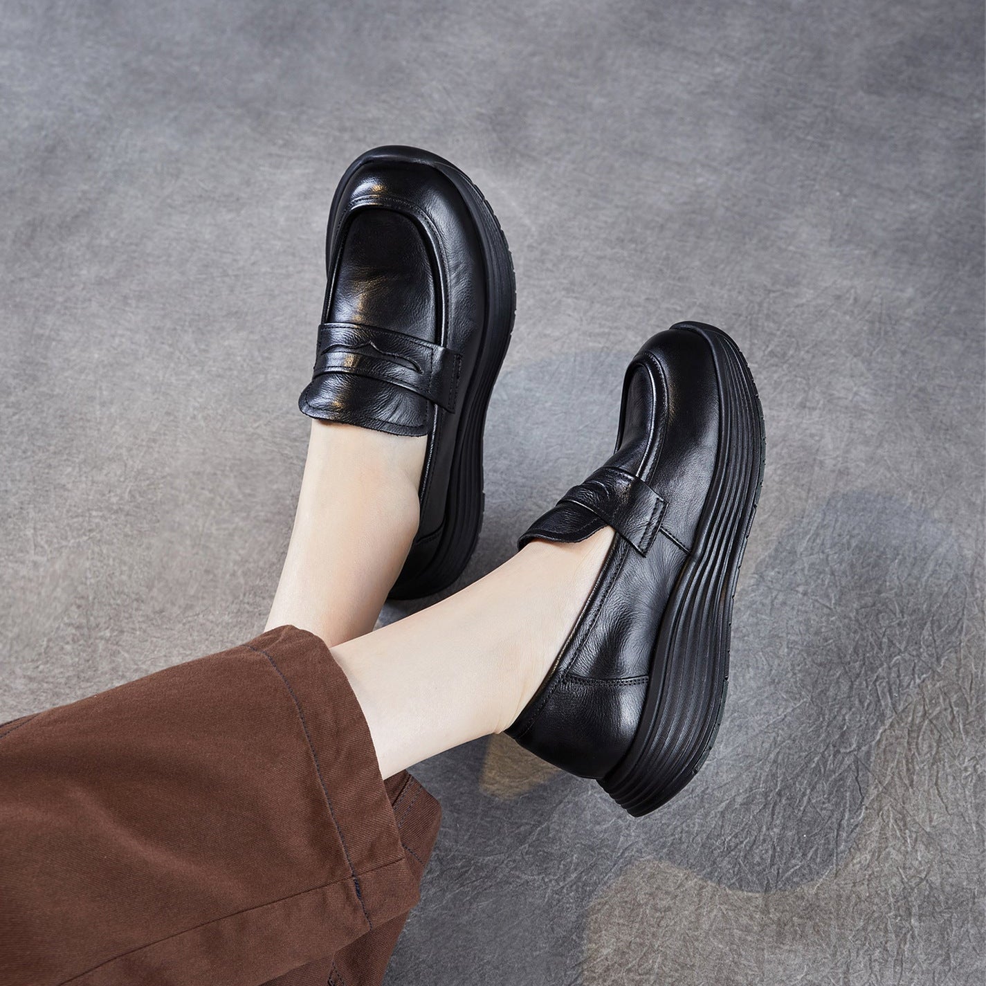 Women’s Leather Slip-On Loafers – Vintage Low Wedge Comfort Shoes