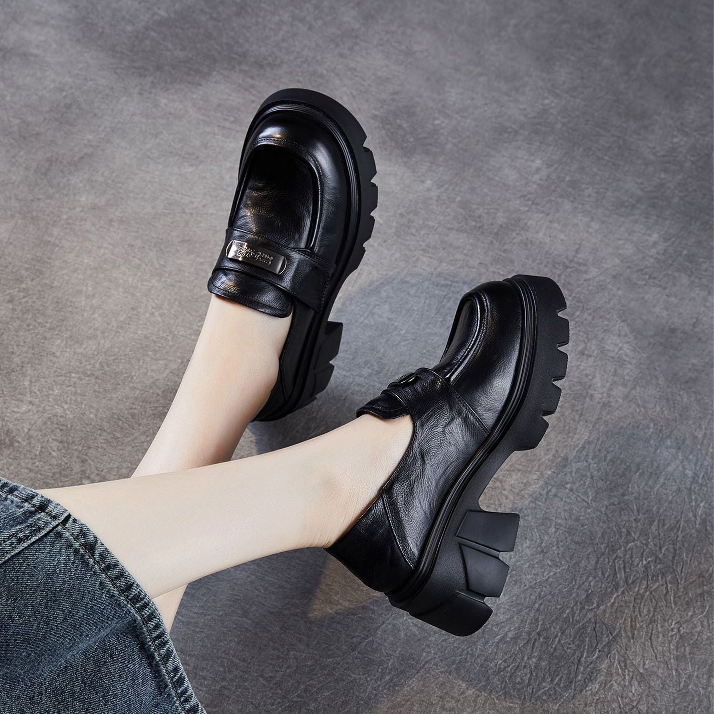 Women’s Leather Platform Block Heel Loafers – Vintage Metal Detail