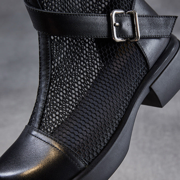 Women's Leather Summer Boots – Mesh Insert Breathable Ankle Shoes