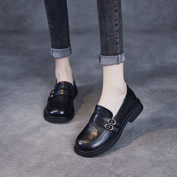 Women’s Leather Slip-On Loafers – Vintage British Low Heel