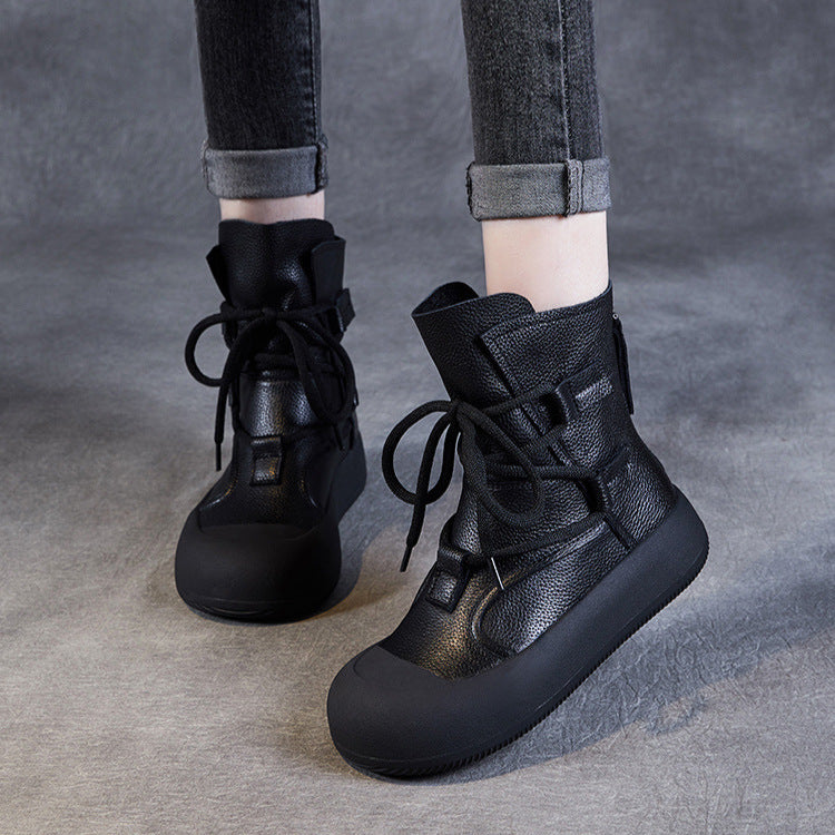 Women's Lace-Up Platform Boots – Genuine Leather Casual Back Zipper Boots