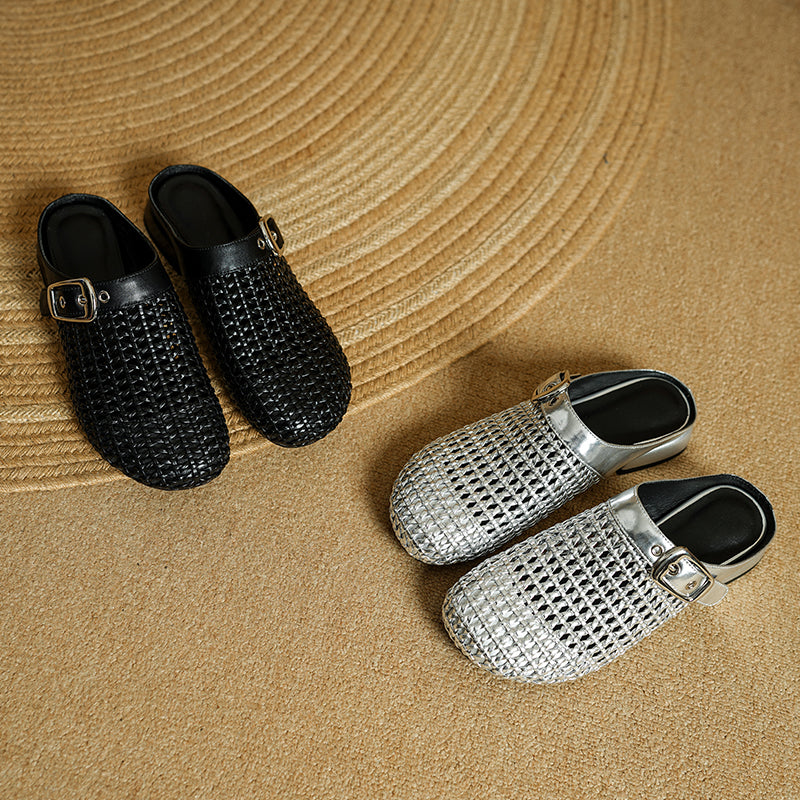 Women's Hollow Out Leather Low Heel Buckle Summer Mule Sandals