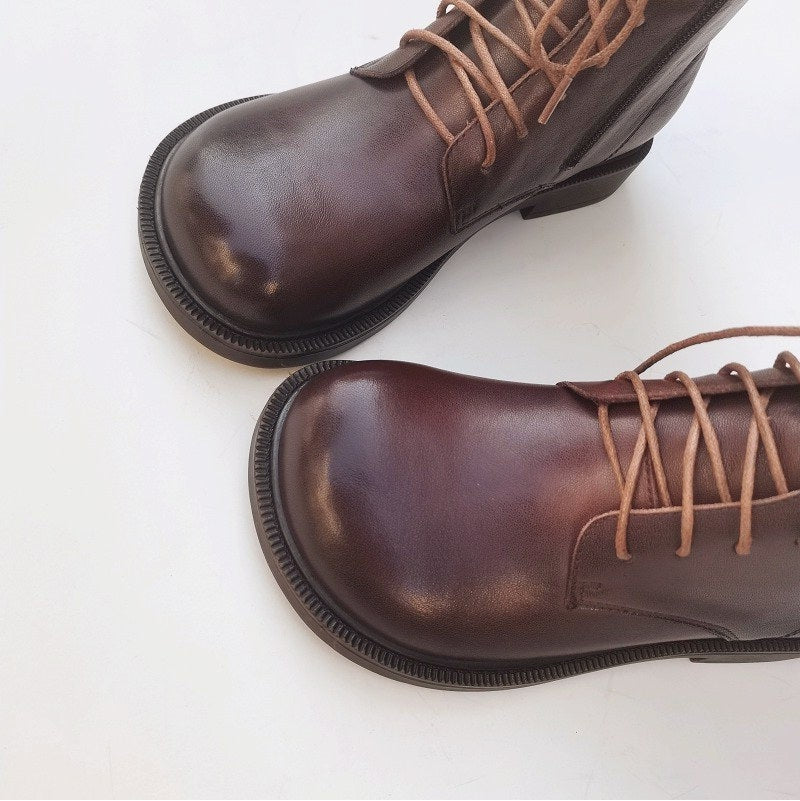 Women's Vintage Wide Toe Genuine Leather Ankle Boots – Handmade, Soft Sole, British Style